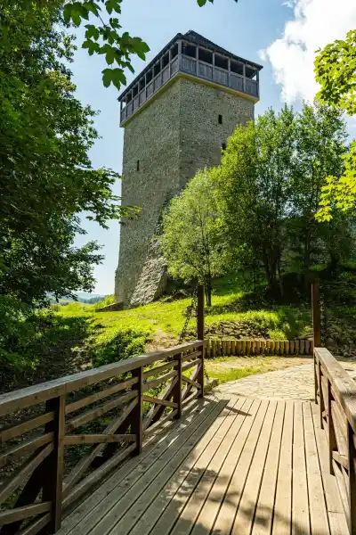 Zamek w Muszynie widok na wieze wsrod drzew